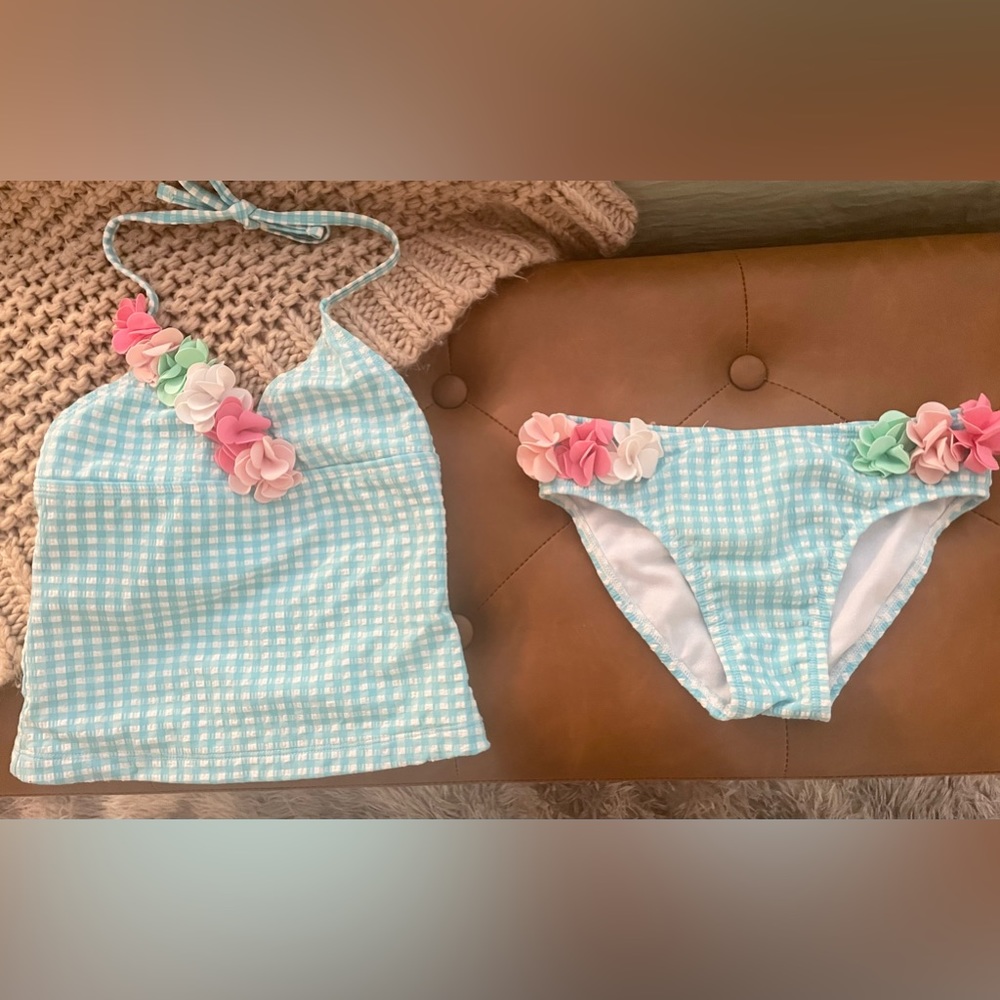Tommy Bahama ~ Gingham Tankini Girl Size 5 Blue/White with flower accents!
